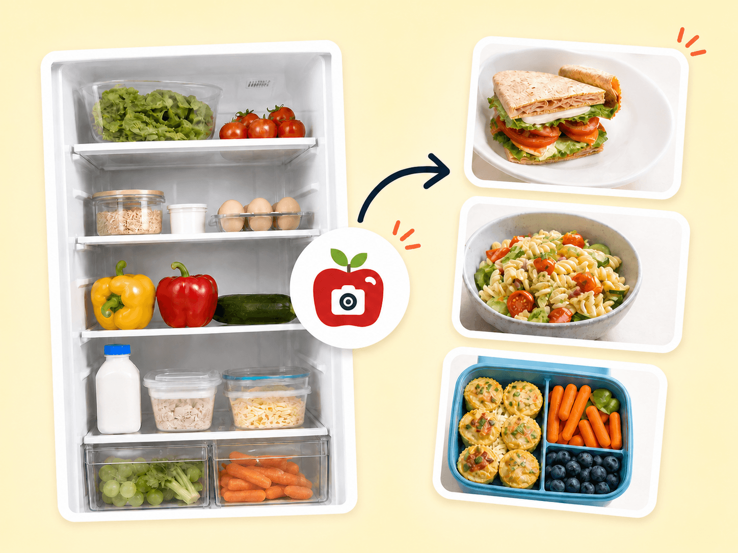 An open fridge with fresh ingredients and three easy lunch ideas